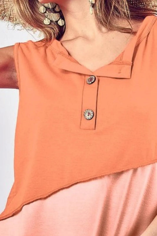 BiBi Color Block Contrast Stitching Buttoned Henley Top ed26a53e-c7f4-4da0-a261-c3fda3fcba03-Max-Origin