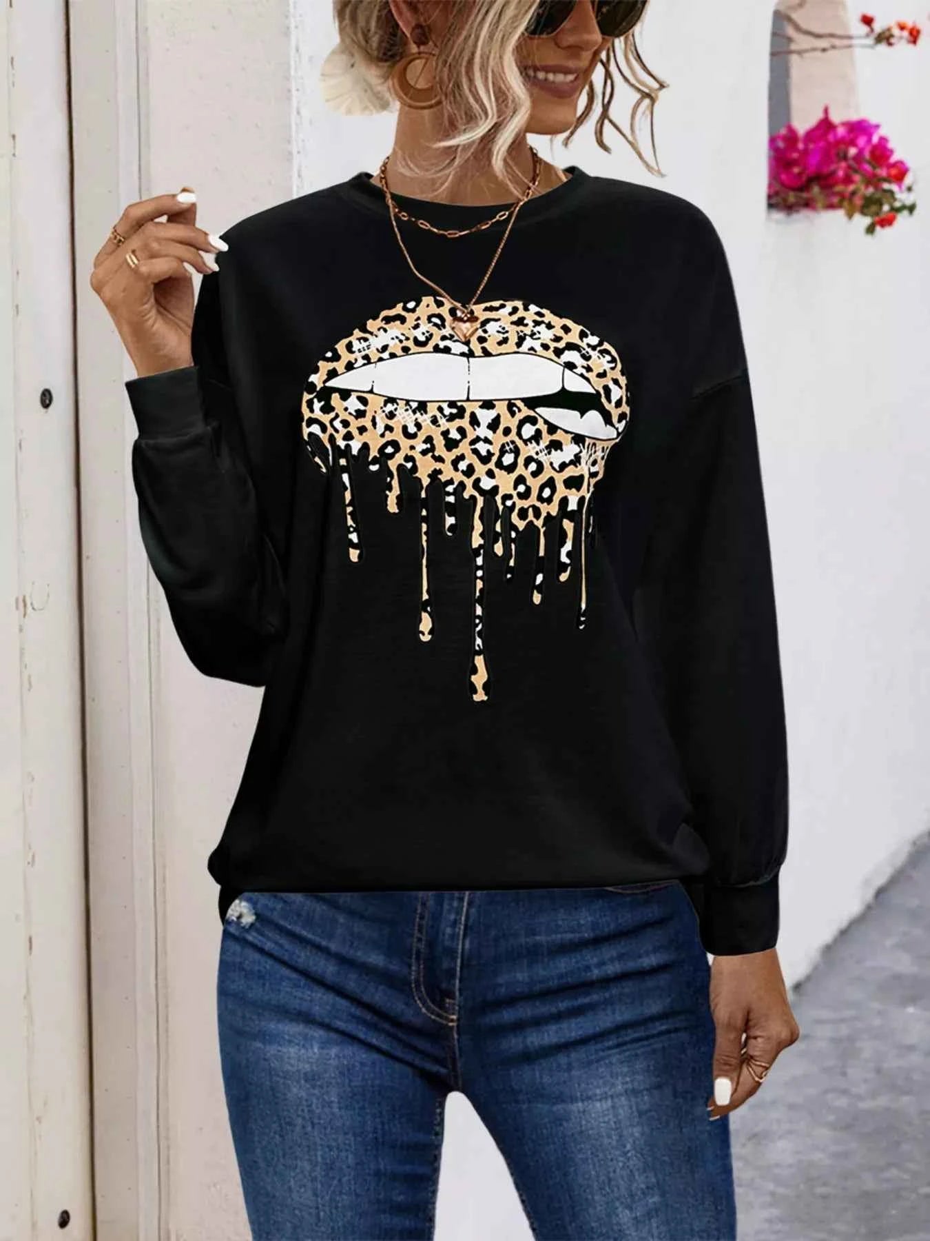 Graphic Round Neck Dropped Shoulder T-Shirt Black Leopard ed277178-df87-409a-8b77-d23c27d66220-Max-Origin
