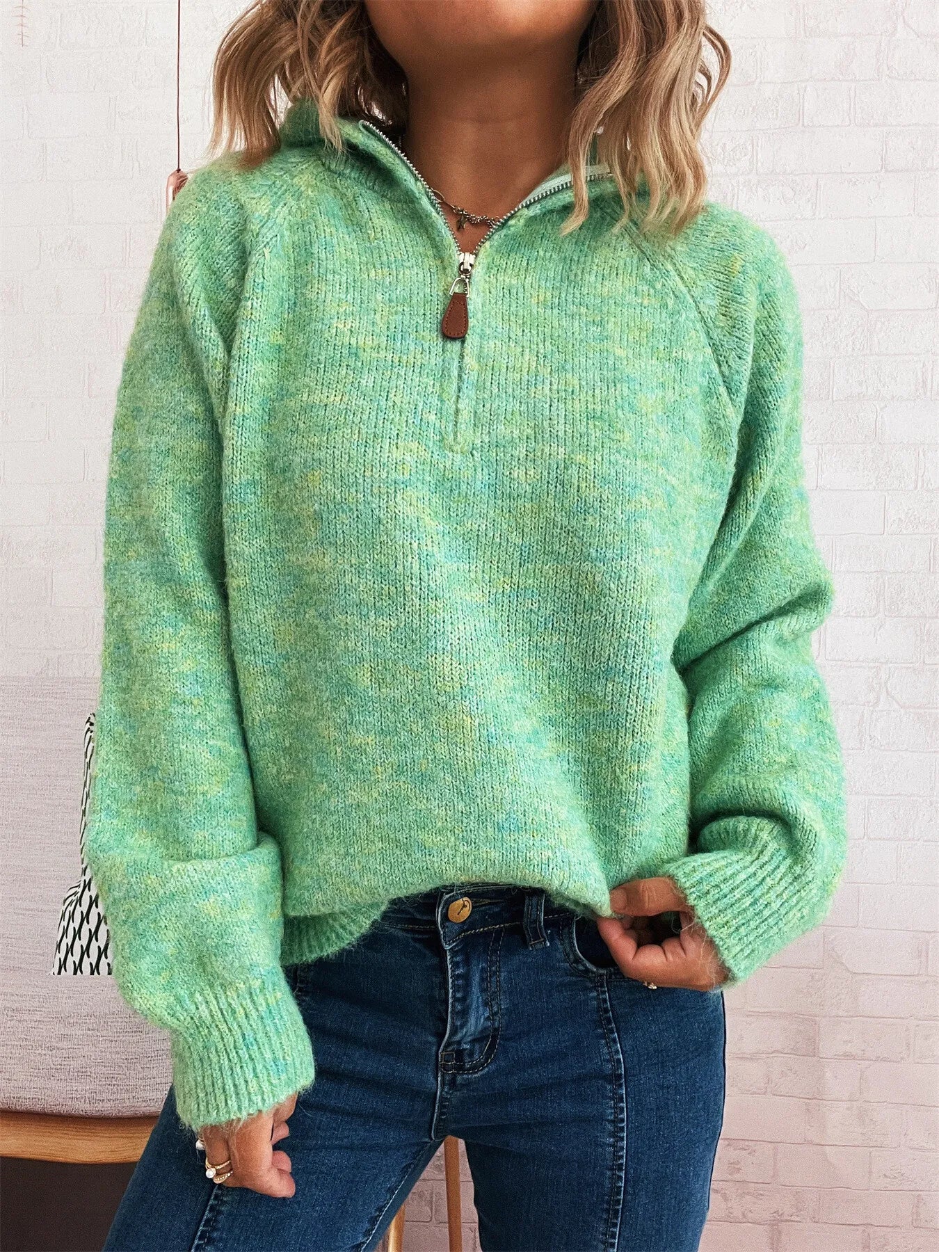 Quarter Zip Ribbed Hem Sweater Green One Size ed2ac3355e254be6b9f24d8293e408b4-Max-Origin