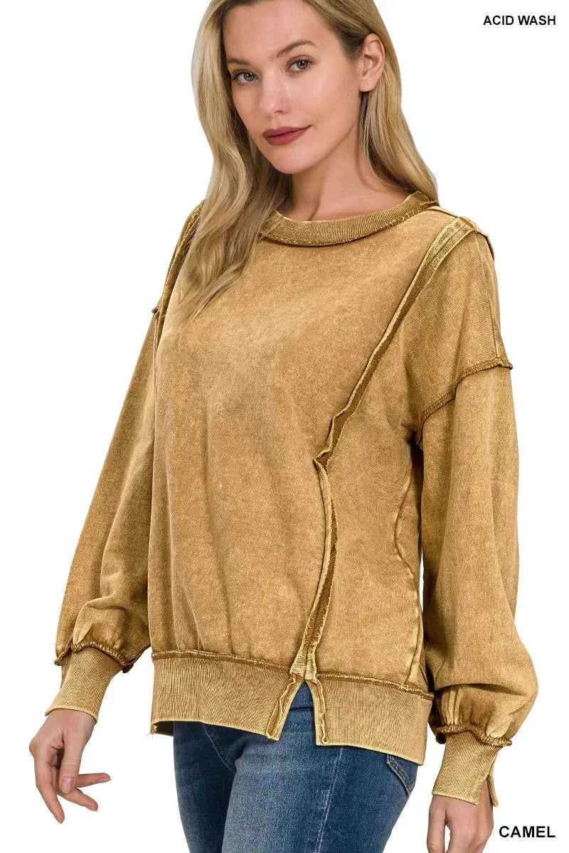 Zenana Acid Wash French Terry Exposed-Seam Sweatshirt ed2d2038c7384db9a6a94f6bf499b960-Max-Origin