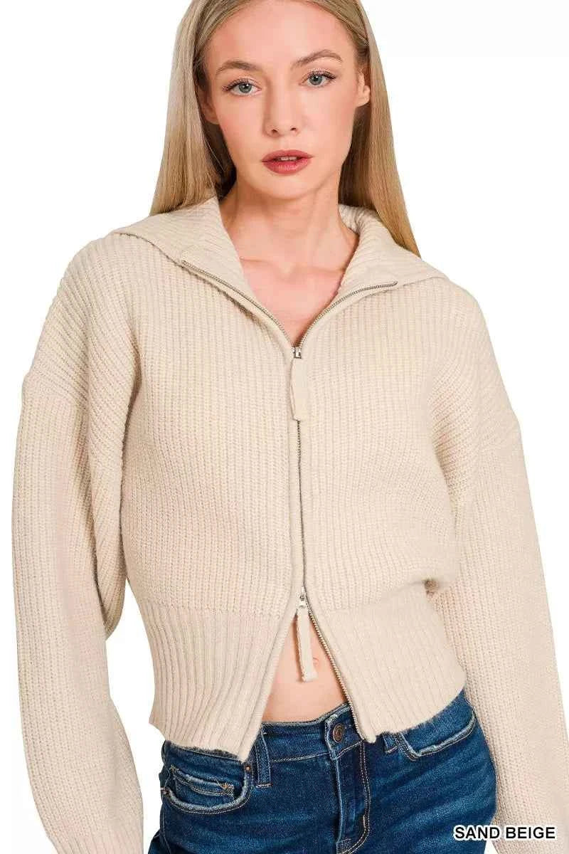 Zenana Ribbed Collared Zip Up Sweater Cardigan ed2e3c8558ed4490b46e9c2f59ff346c-Max-Origin