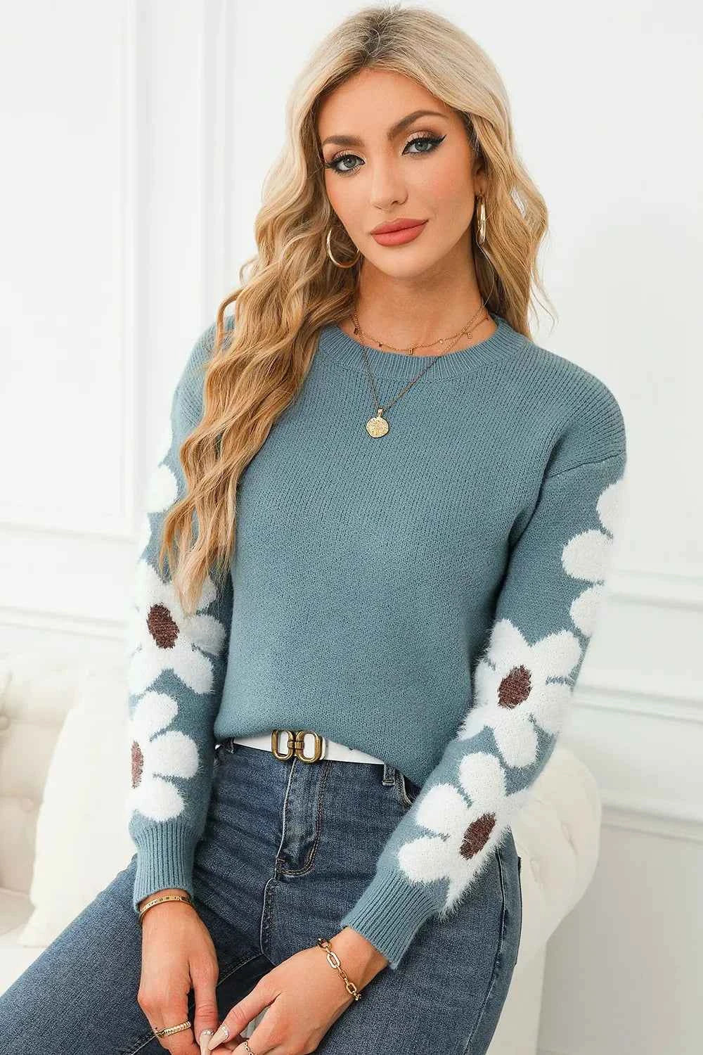Flower Round Neck Long Sleeve Sweater ed3849b1-cef2-4044-b948-686716588bef-Max