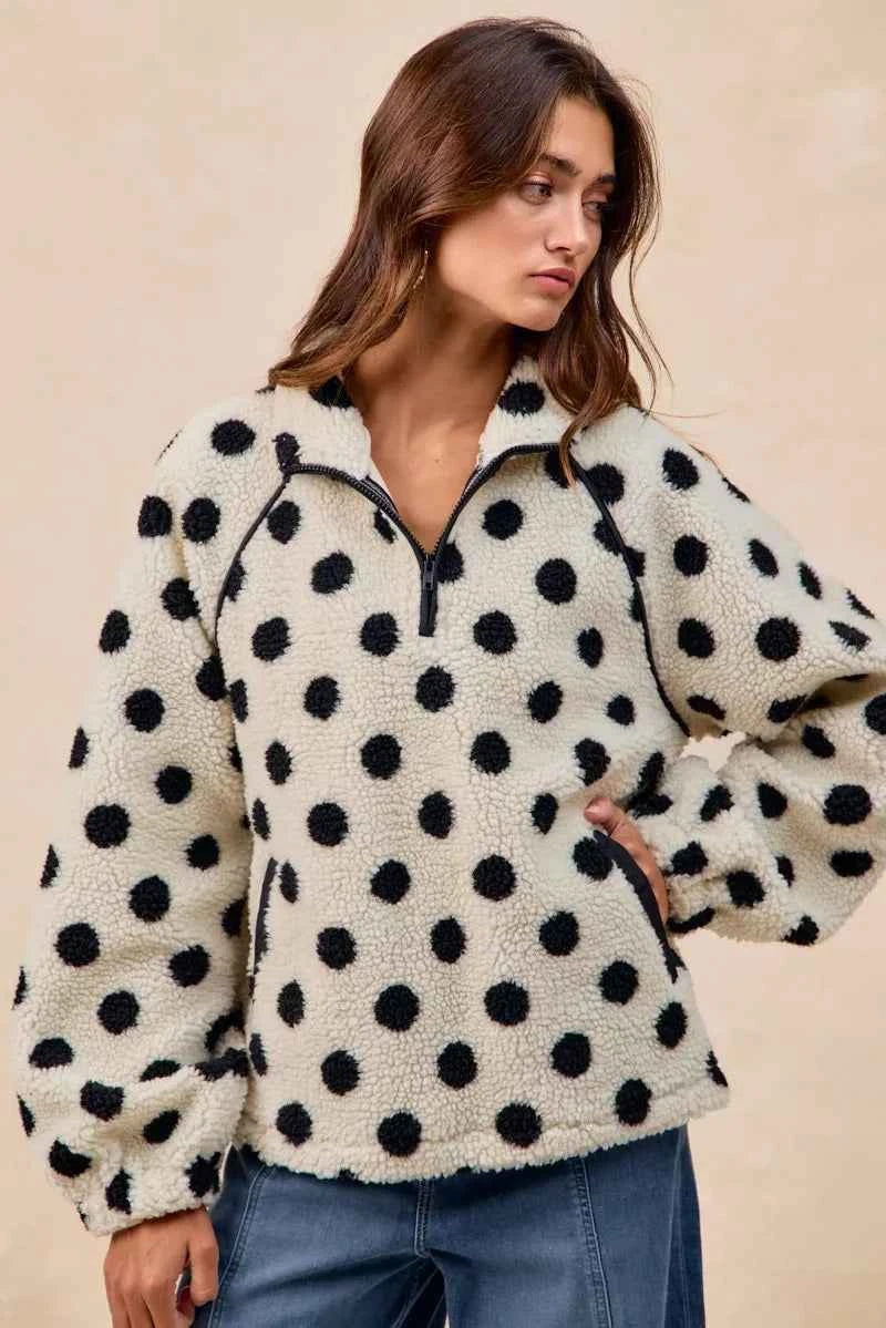 Polka Dot Sherpa Half Zip Up Top with Side Pocket ed3ddaf4-6158-4455-bcb0-0b23bc851645-Max-Origin