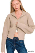 Zenana Ribbed Collared Zip Up Sweater Cardigan ASH MOCHA ed4401a8f6104ef9a66de14487c4d3bf-Max-Origin