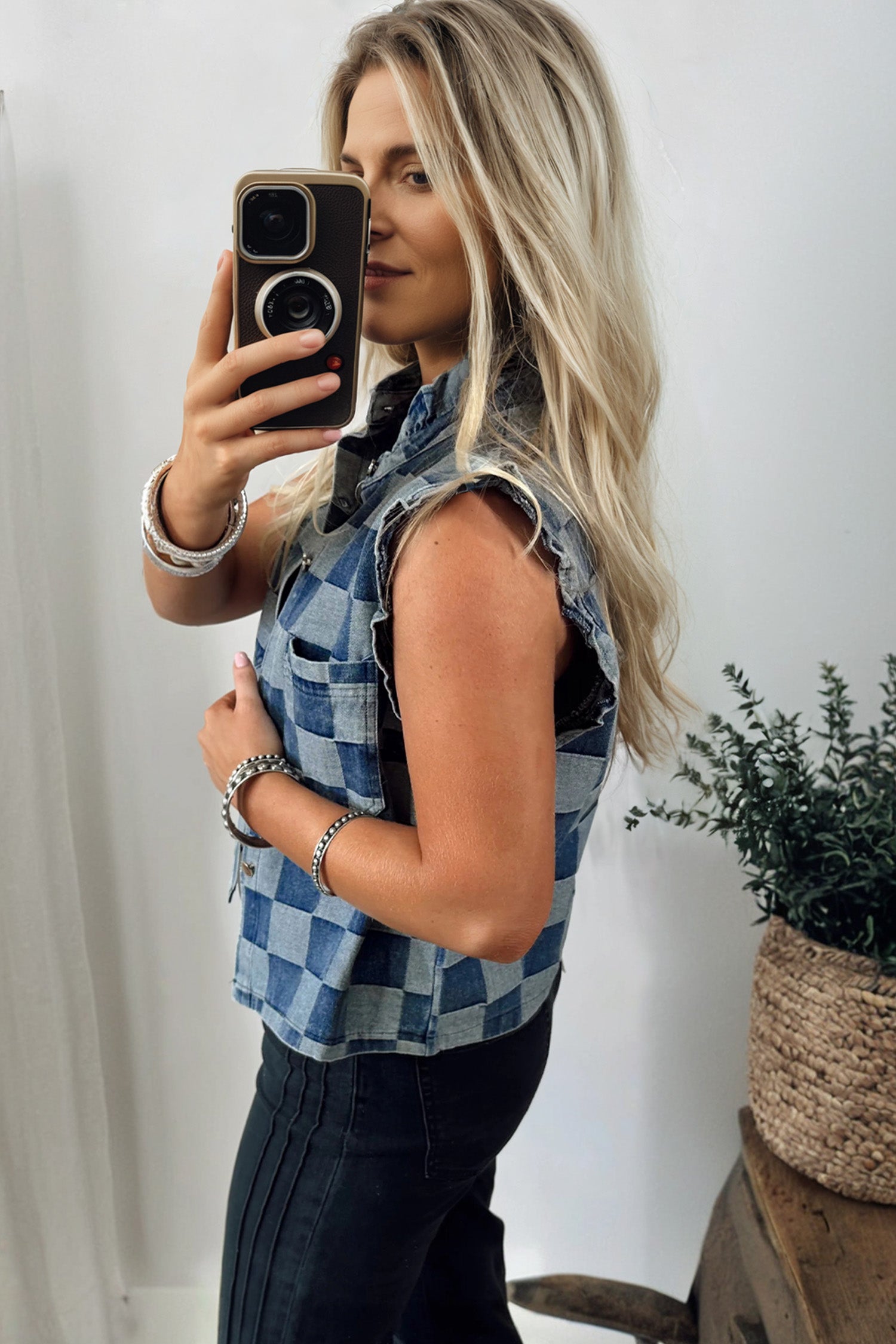 Beau Blue Checkered Ruffle Trim Button Down Denim Vest ed44c9b222075924