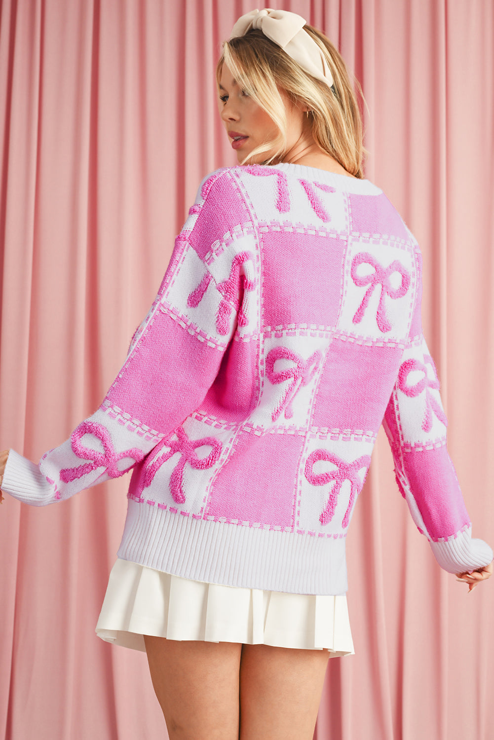 Pink Sweet Bow Two Tone Checkered Sweater ed48cd54466f5984