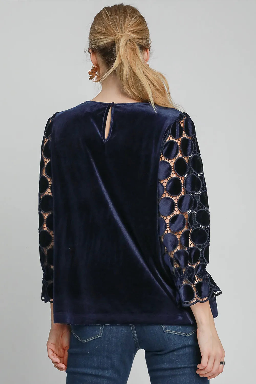 Umgee Polka Dot Lace Long Sleeve Round Neck Blouse ed493eba-6a7c-446f-b469-2336d4fd5db4-Max