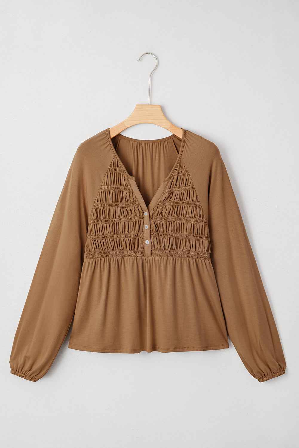 Black Smocked Bust Buttoned Split V Neck Flowy Blouse ed4a5ed22f5eb907