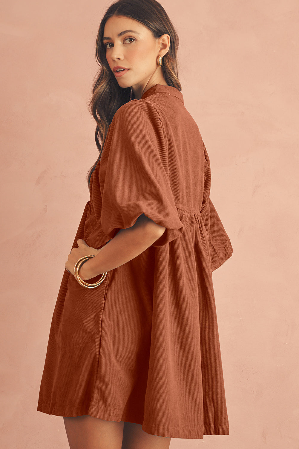 Gold Flame Light Snap Button Empire Waist Lantern Sleeve Corduroy Dress ed4d5cb6a61a47ed