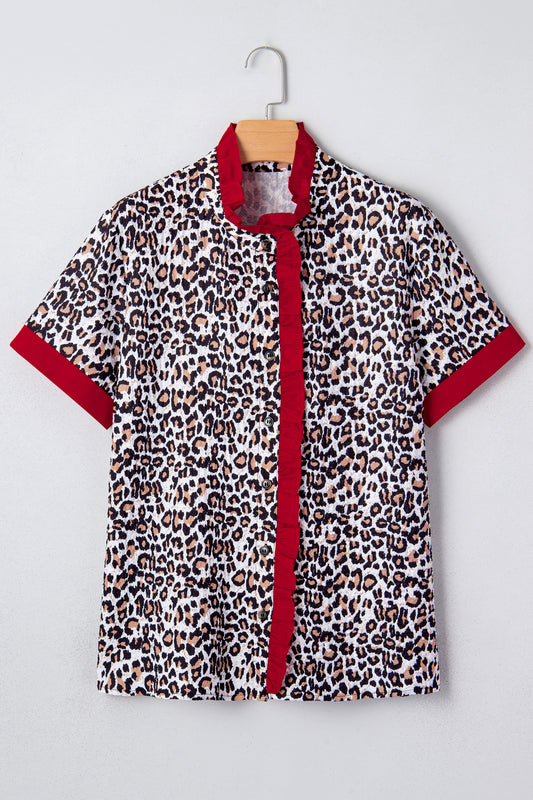 Khaki Contrast Frilled V Neck Trimmed Leopard Shirt ed5259b15b0adf8d