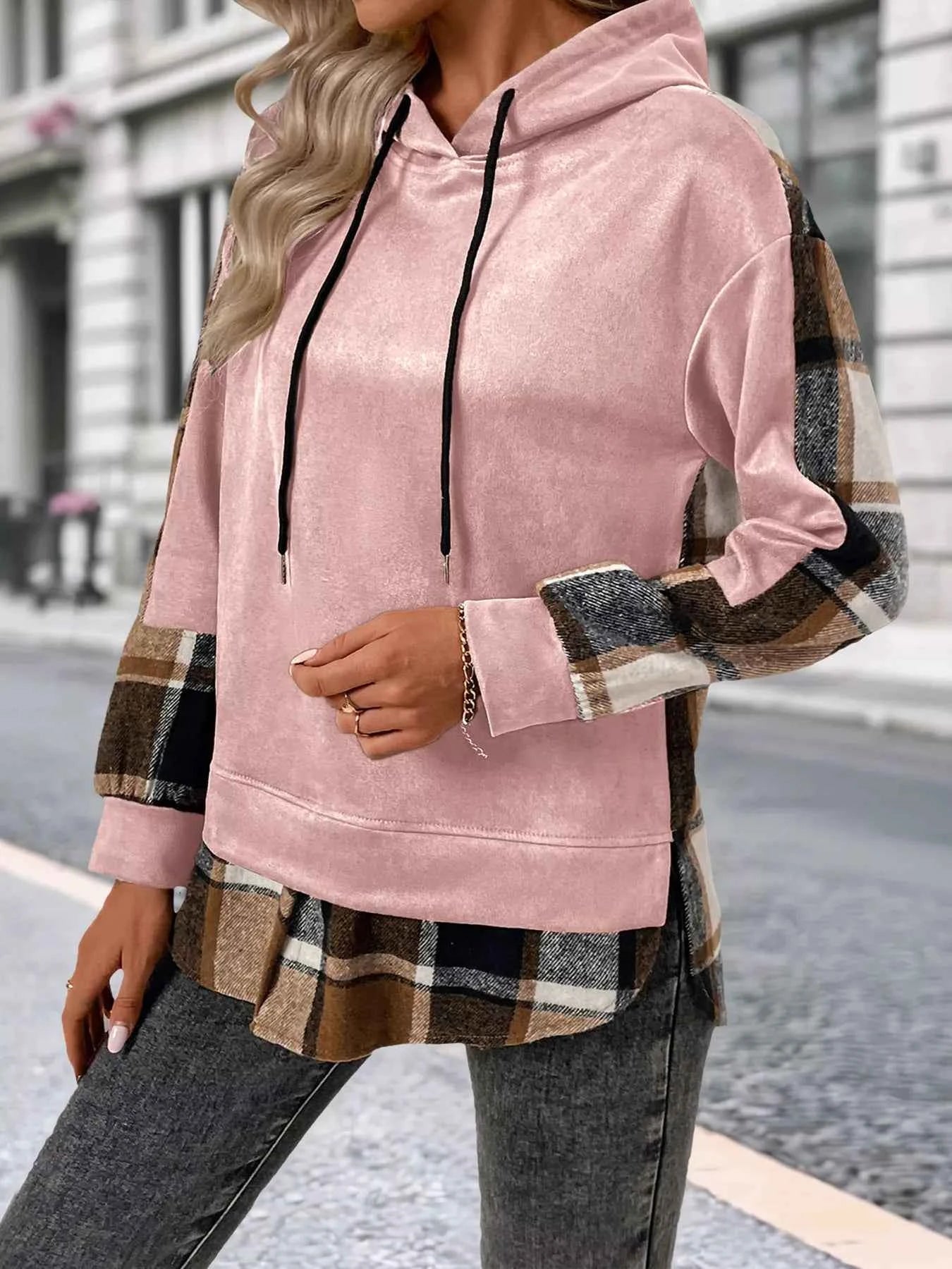 Plaid Drawstring Long Sleeve Hoodie ed52b90b-0577-4922-bb2d-4f64feedeab5-Max-Origin