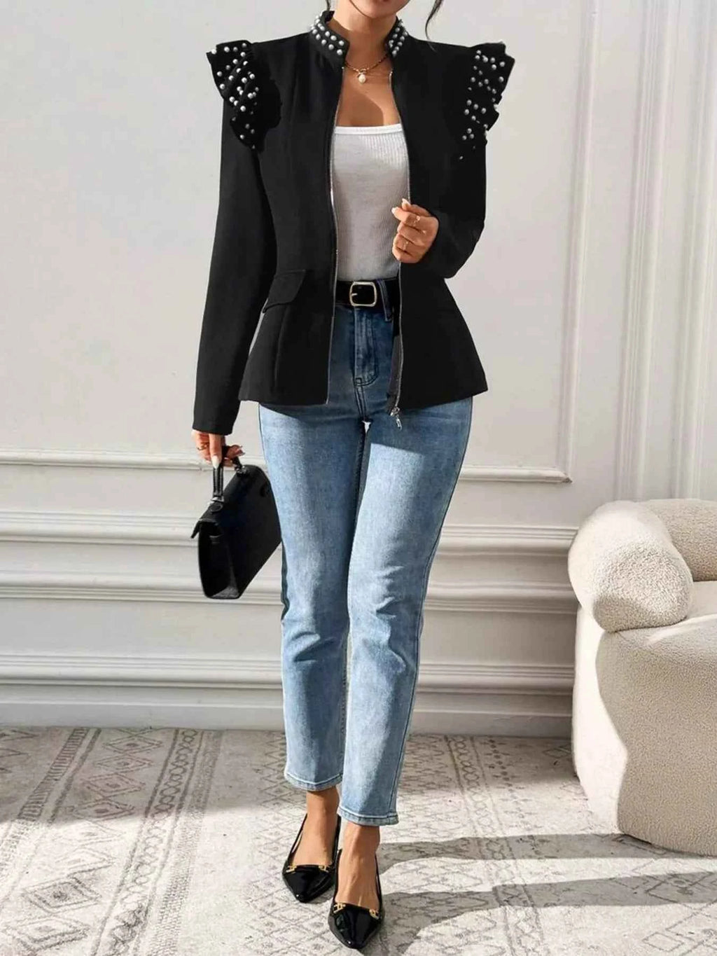 Pearl Embellished Shoulder Zip Up Jacket ed52f7dd-8ccf-401b-afd7-72946cac1a1a-Max-Origin