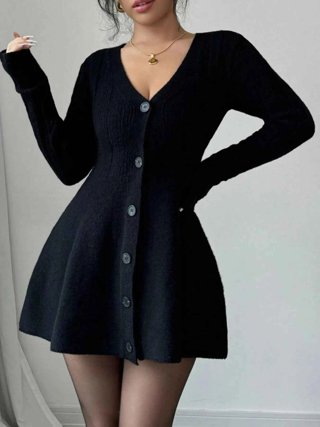 Button-Front V-Neck Knit Dress ed58443d-3faa-48c8-8e41-acefbd6dbdf7-Max-Origin