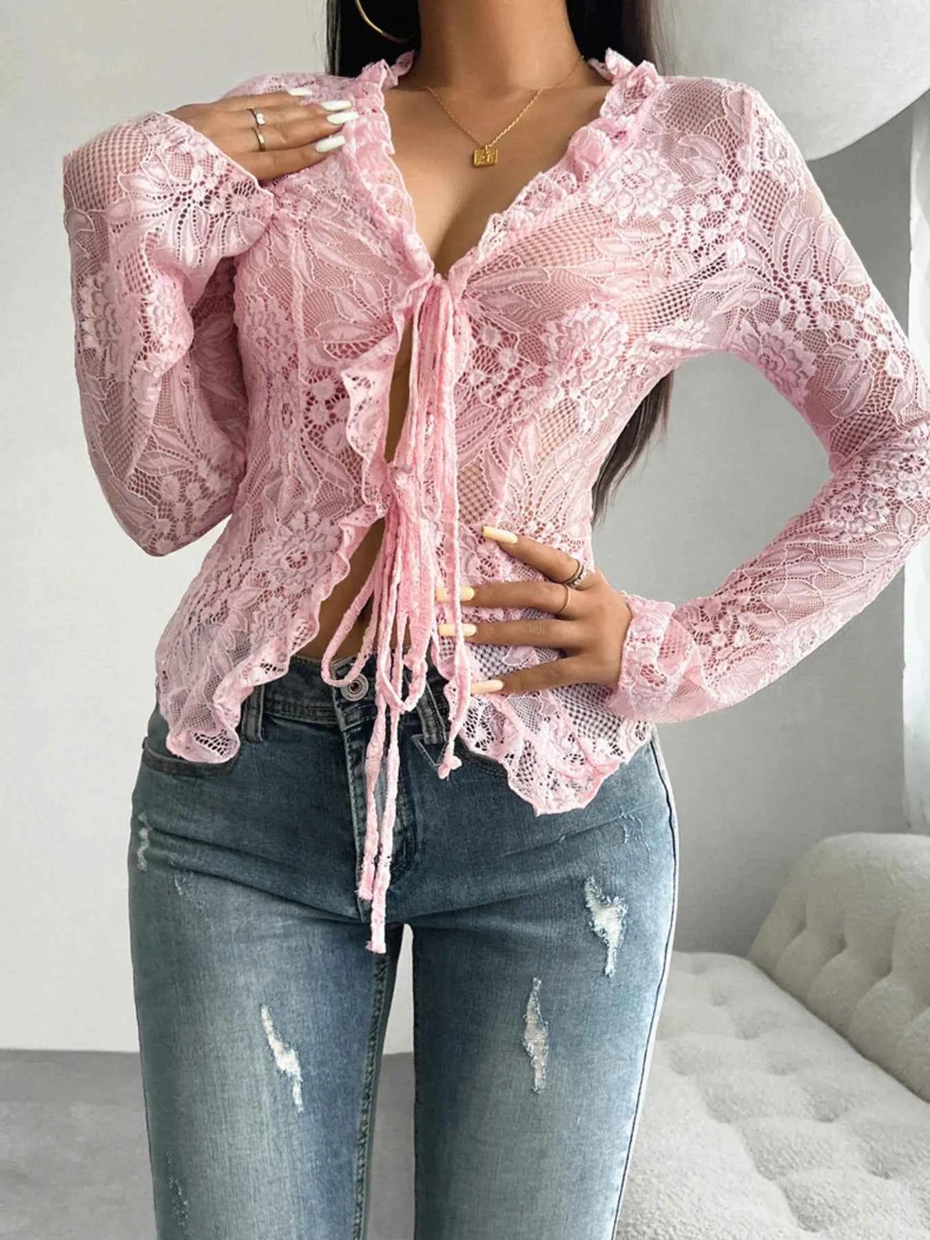 Tie Front Long Sleeve Lace Top Dusty Pink ed58945ef8d048e2950fea2e440308a7-Max-Origin
