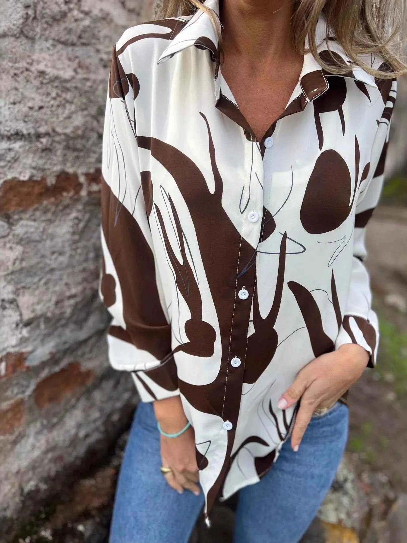 Full Size Abstract Print Long Sleeve Button-Up Shirt Plus Size