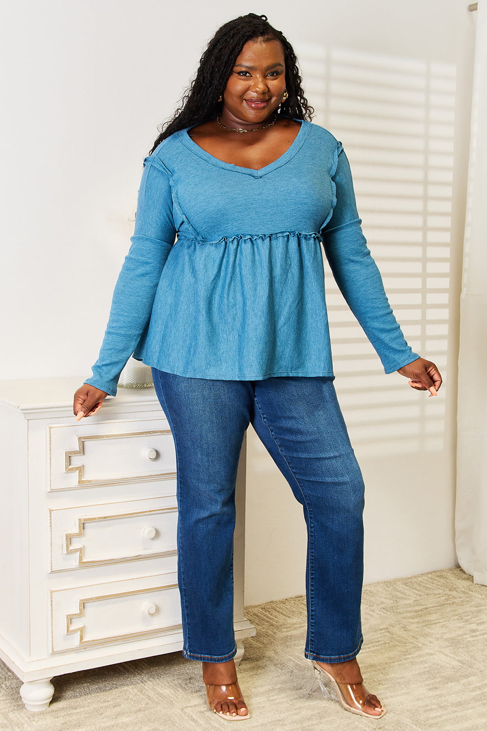 Jade By Jane Full Size Frill Trim Babydoll Blouse ed5f9f446b9141c08cbe480ee684a579-Max
