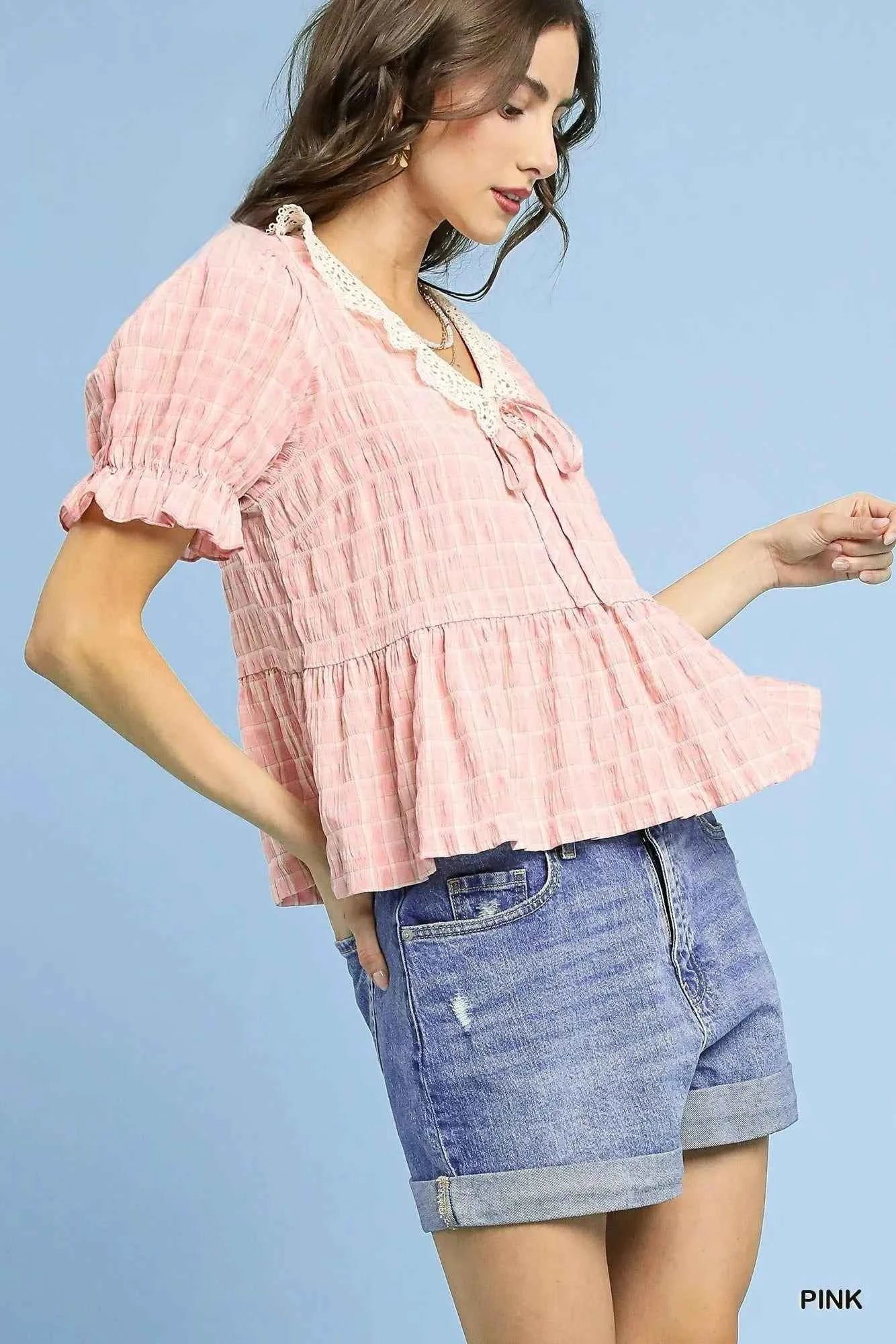 Umgee Short Sleeve Gingham Lace Peplum Blouse ed5fdf73-100a-4ed2-ab9b-006c0434dc75-Max-Origin