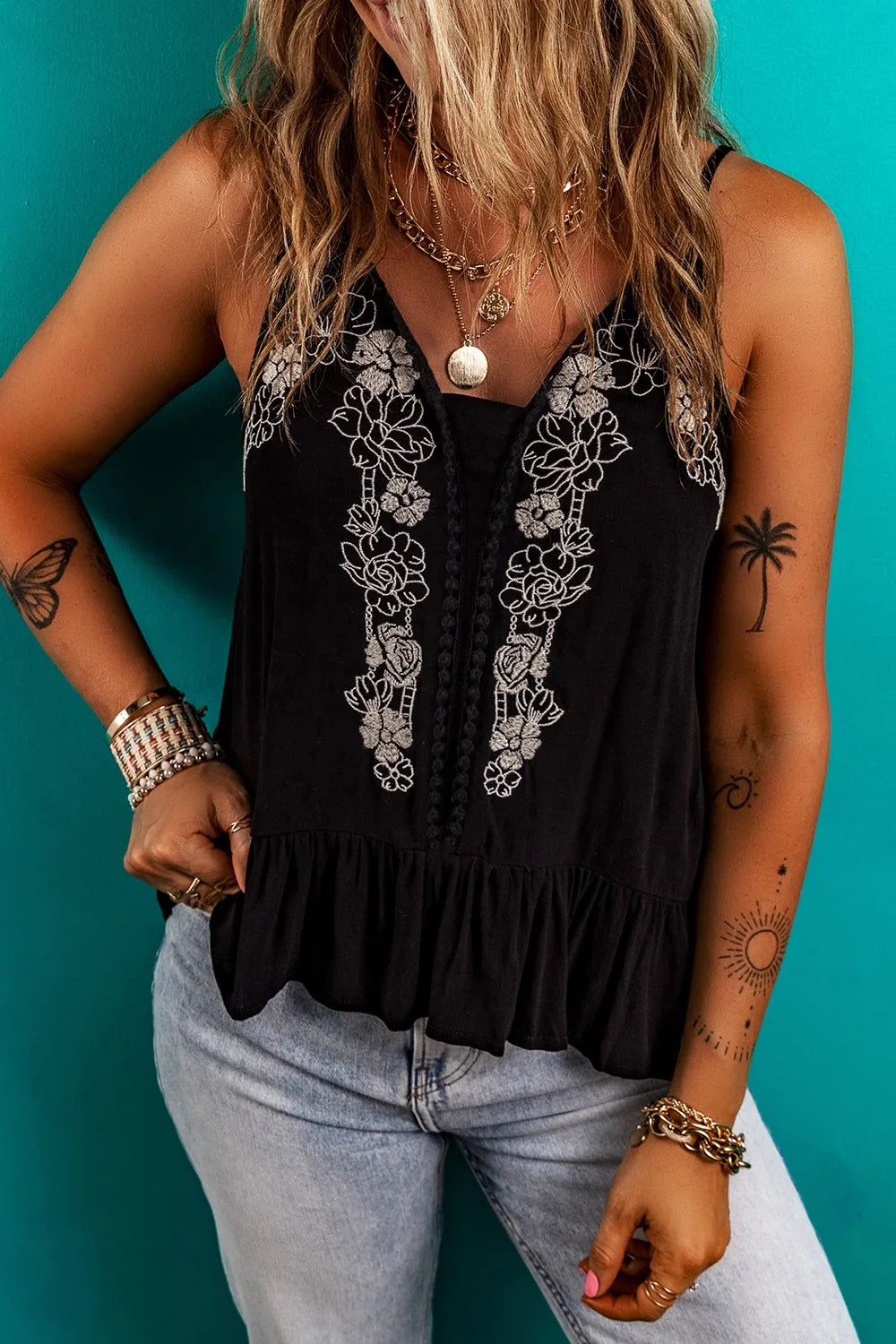 Floral Ruffled Hem Embroidery Cami Black ed600948-1f5c-4577-aa27-5e2b11653db9-Max-Origin