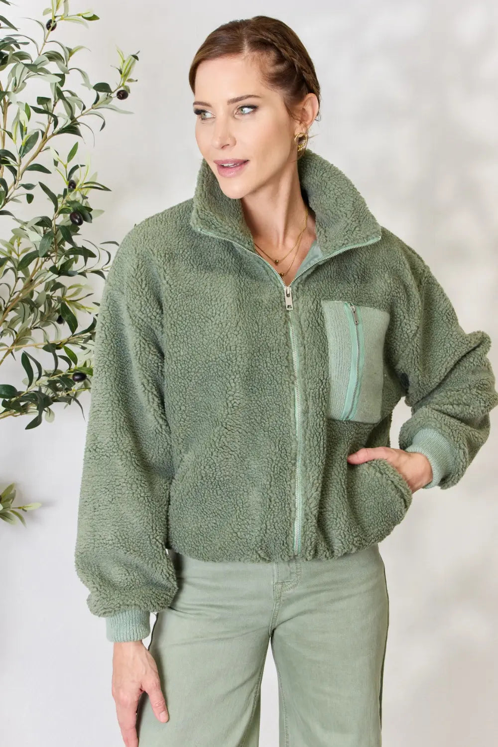 Heimish Full Size Zip Up Collared Neck Jacket Sage ed601f0712804f88b96091f6b6e6f96c-Max