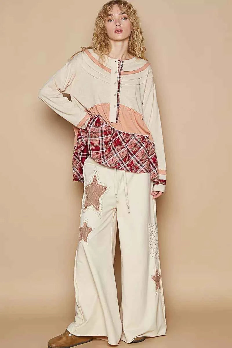 POL Round Neck Half Button Color Block Top with Merrow Edge Detail ed61329d-5544-48ff-829f-cfdf4d1144e5-Max-Origin