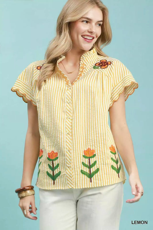 Embroidered Stripe Button Front Top LEMON ed69aab5-1d6a-45c4-a84a-4aa54acda374-Max-Origin