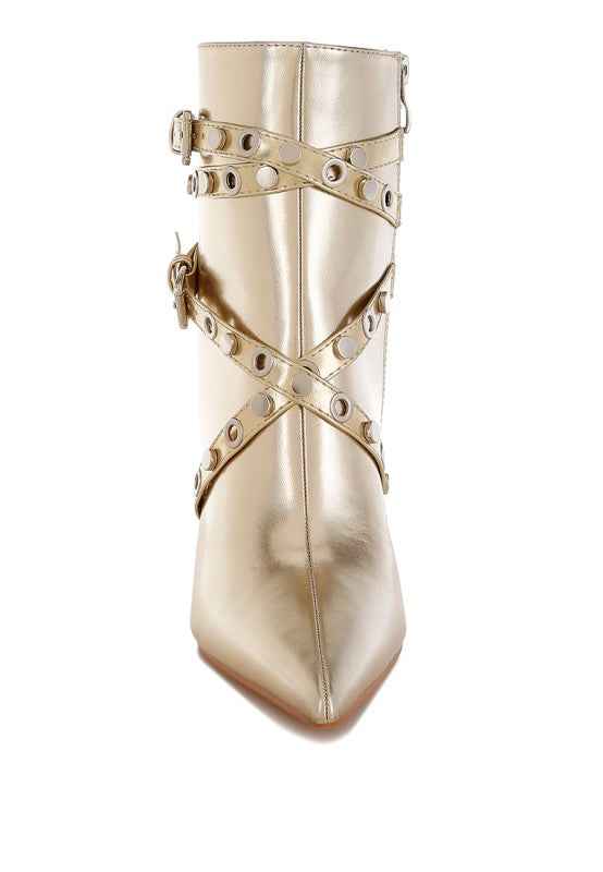Marinta Metallic Slim Flared Heel Strappy Boots ed6aac3d-520e-467f-ba29-7fce836cfe9e