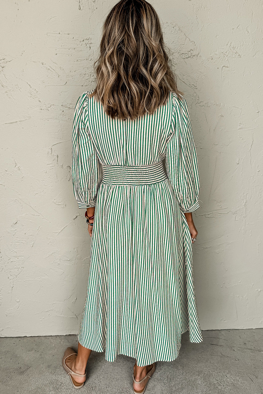 Green Striped V Neck Zip Front Cinched High Waist Midi Dress ed79383b41a3bc8d