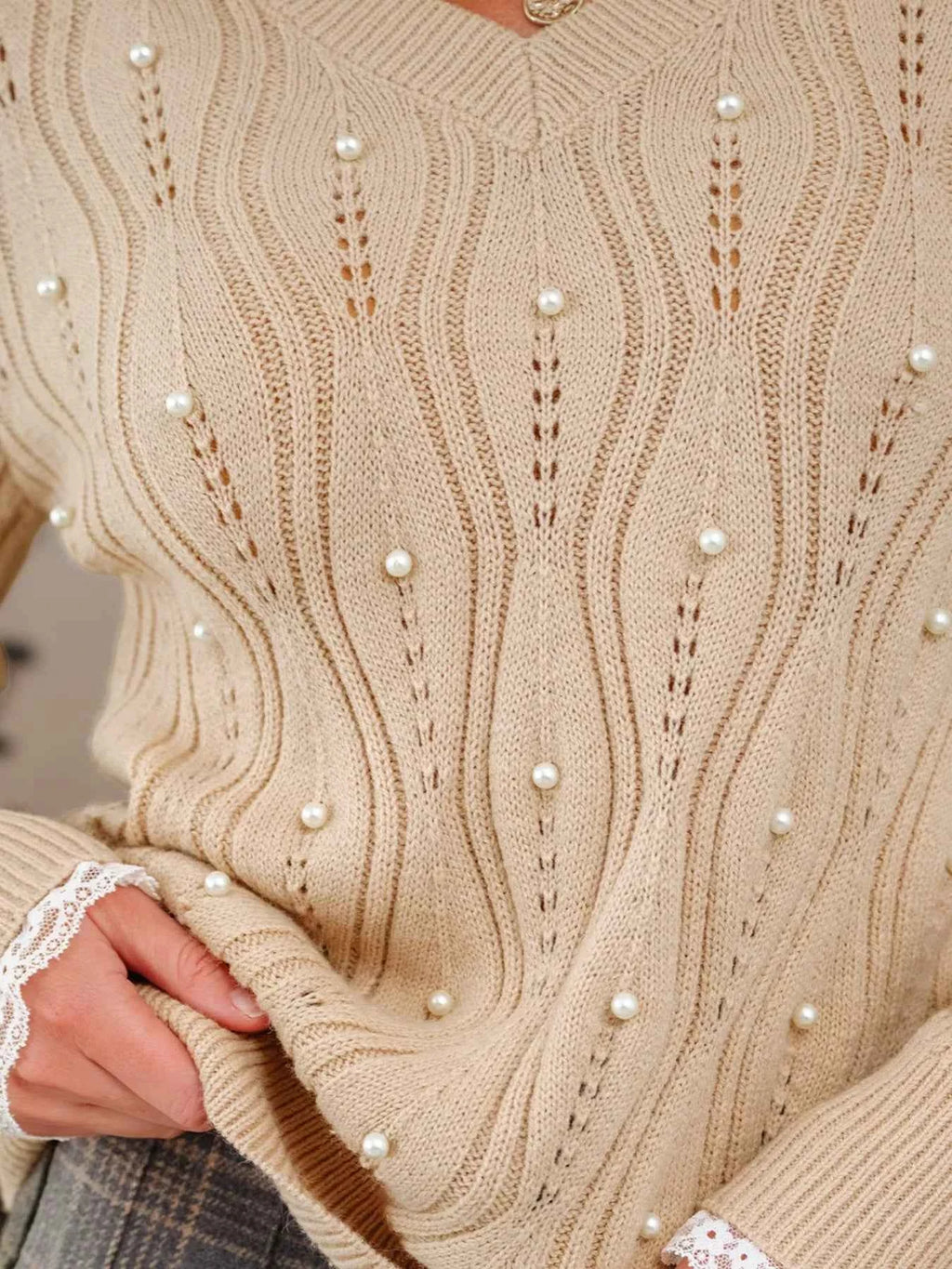 Pearl-Embellished V-Neck Pullover Sweater ed7a420c-ddd6-4077-81b8-138c02a4ecb6-Max-Origin