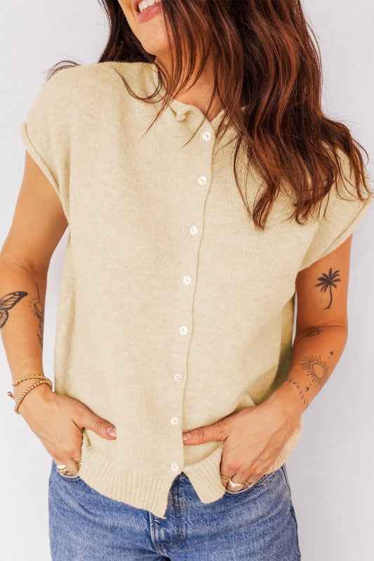 Solid Button-Front Rolled Hem Sweater Top Apricot ed84de46-878c-4754-b188-6b40abee72c6