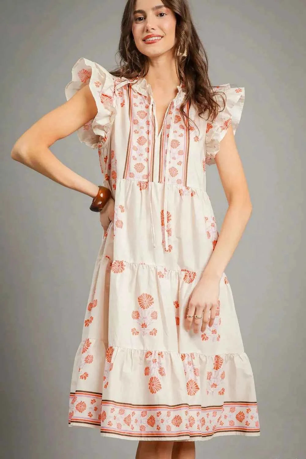 Umgee Printed Tie Neck Ruffle Cap Sleeve Dress ed85c527-0f64-498f-b580-affe372a3cda-Max-Origin