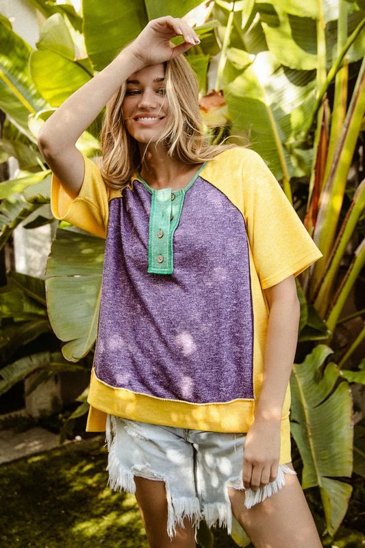 Mardi Gras Color Block Buttoned Uneven Hem Top ed86aafc-6d17-4d80-9bb8-4bcbdd1738b9-Max-Origin