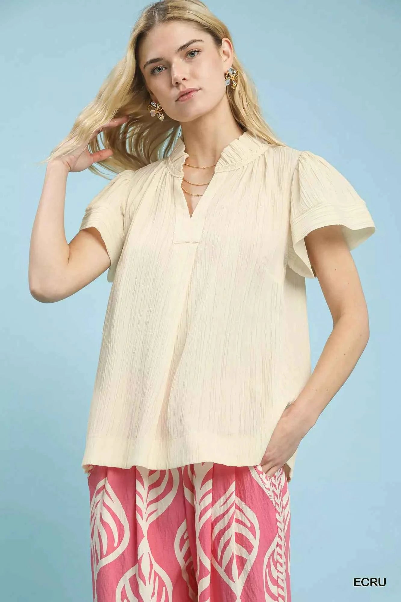 Umgee Texture Flutter Sleeve Notched Blouse ECRU ed86be3f-aedc-4b05-8abf-56725b48027c-Max-Origin