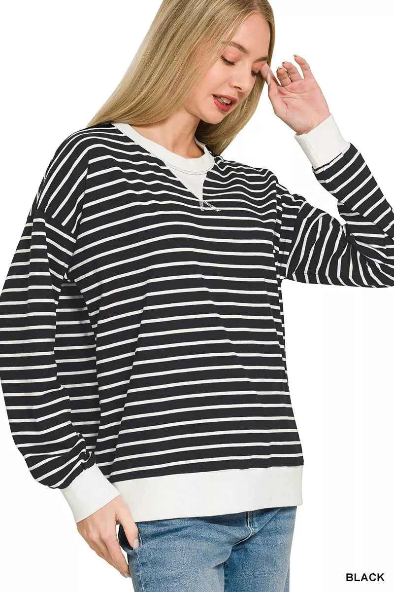 Zenana Contrast Striped Round Neck Sweatshirt ed86f22e-829e-453b-933d-0790873ffa1c-Max-Origin
