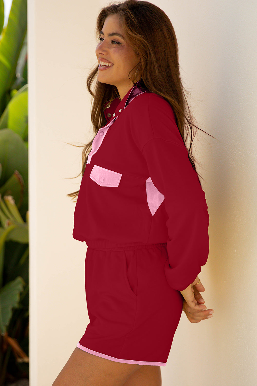 Red Dahlia Color Block Patchwork Half Button Pullover and Shorts 2pcs Outfit ed8feb59d4684d0f