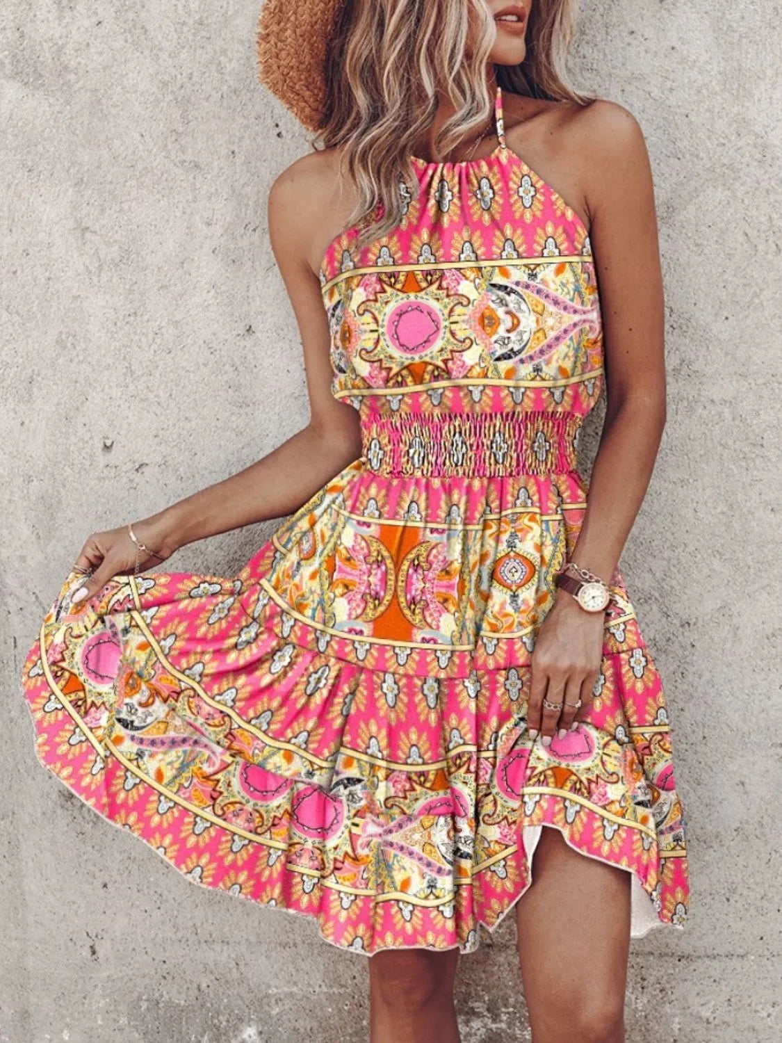 Paisley Print Halter Neck Mini Dress Pink ed93053d-df3c-40f6-93be-7caf21741883-Max-Origin