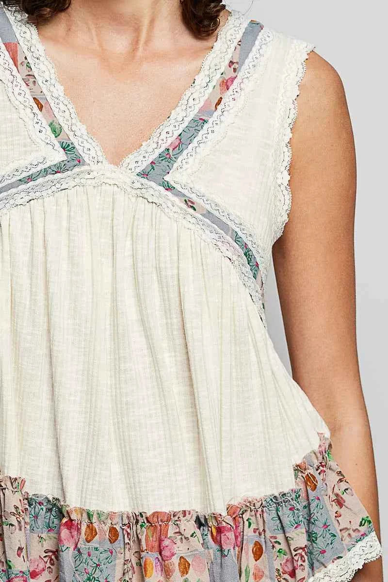 POL Lace Detail Ruffled Ribbed Sleeveless Top with Floral Pattern Trim Detail ed946509-c547-462e-978c-9accd3896ca0-Max-Origin
