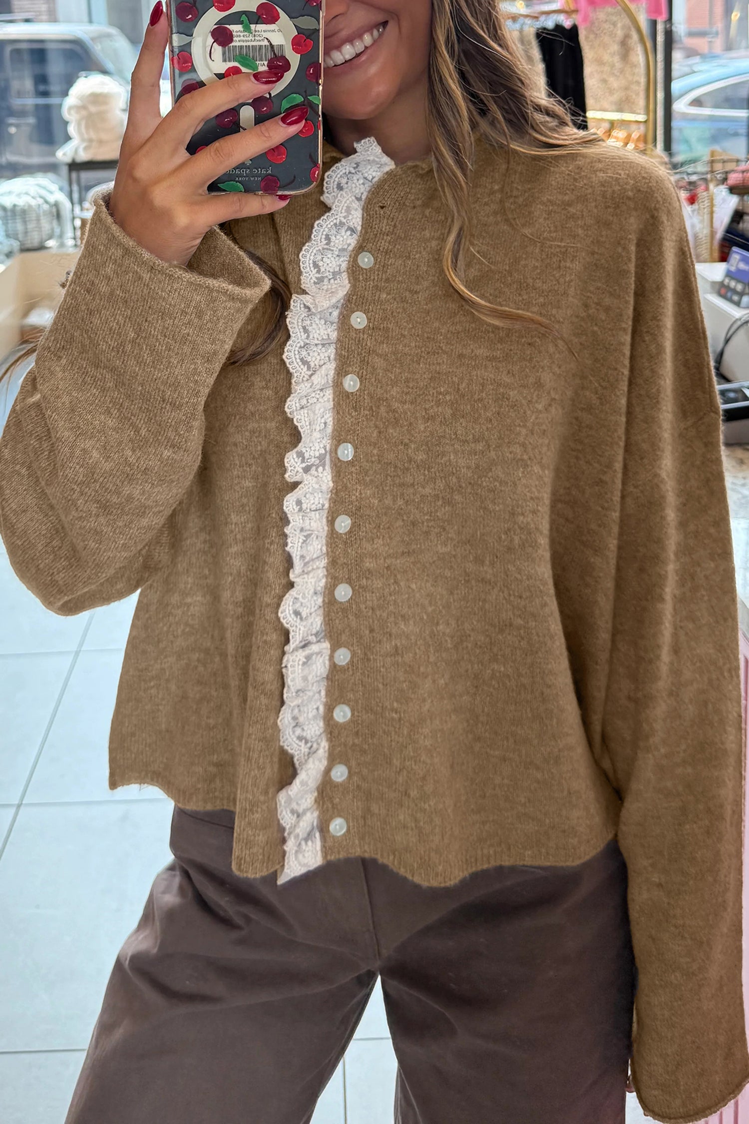 Simply Taupe Contrast Frilled Lace Trim Loose Cardigan Sweater Simply Taupe 70%Polyester+20%Acrylic+10%Polyamide ed94ac31e078c3b7