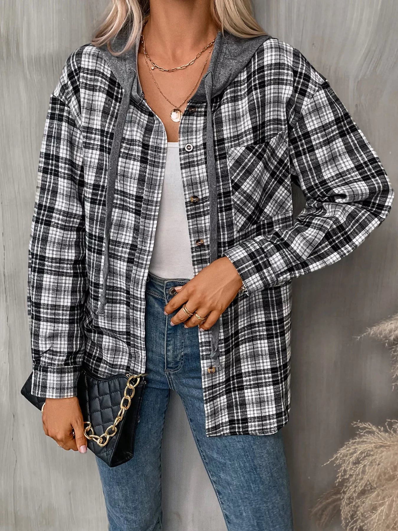 Plaid Button-Up Hooded Shirt Black ed950c20-be31-4f40-961b-32f725329c41-Max-Origin