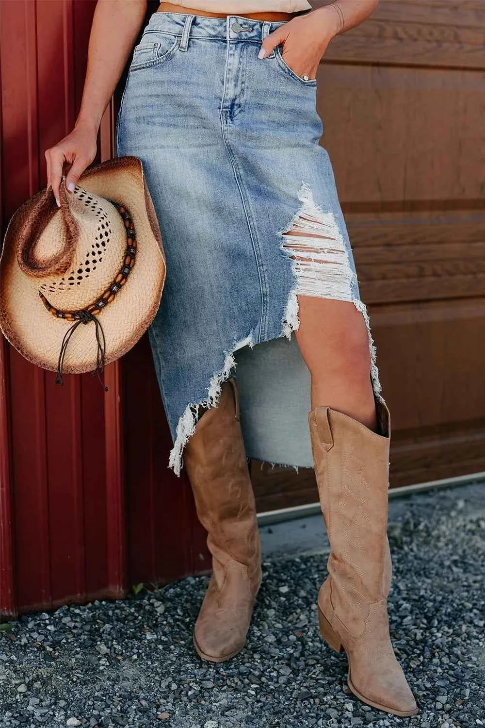 Distressed Asymmetrical Denim Skirt with Frayed Hem Light Blue ed955df4-22e8-47b9-bbf3-3101338816f8-Max-Origin