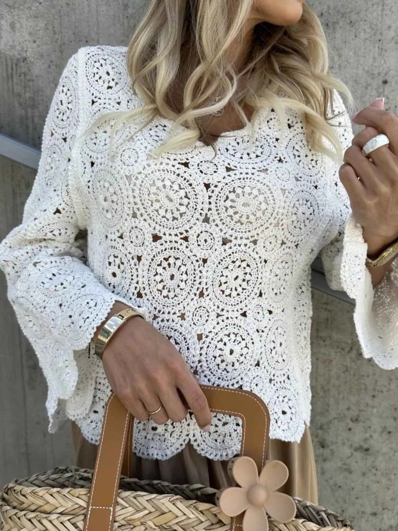 Crochet Lace V-Neck Bell Sleeve Knit Top ed986228-dae0-4bf4-b56b-5ba720c5b8ae-Max-Origin