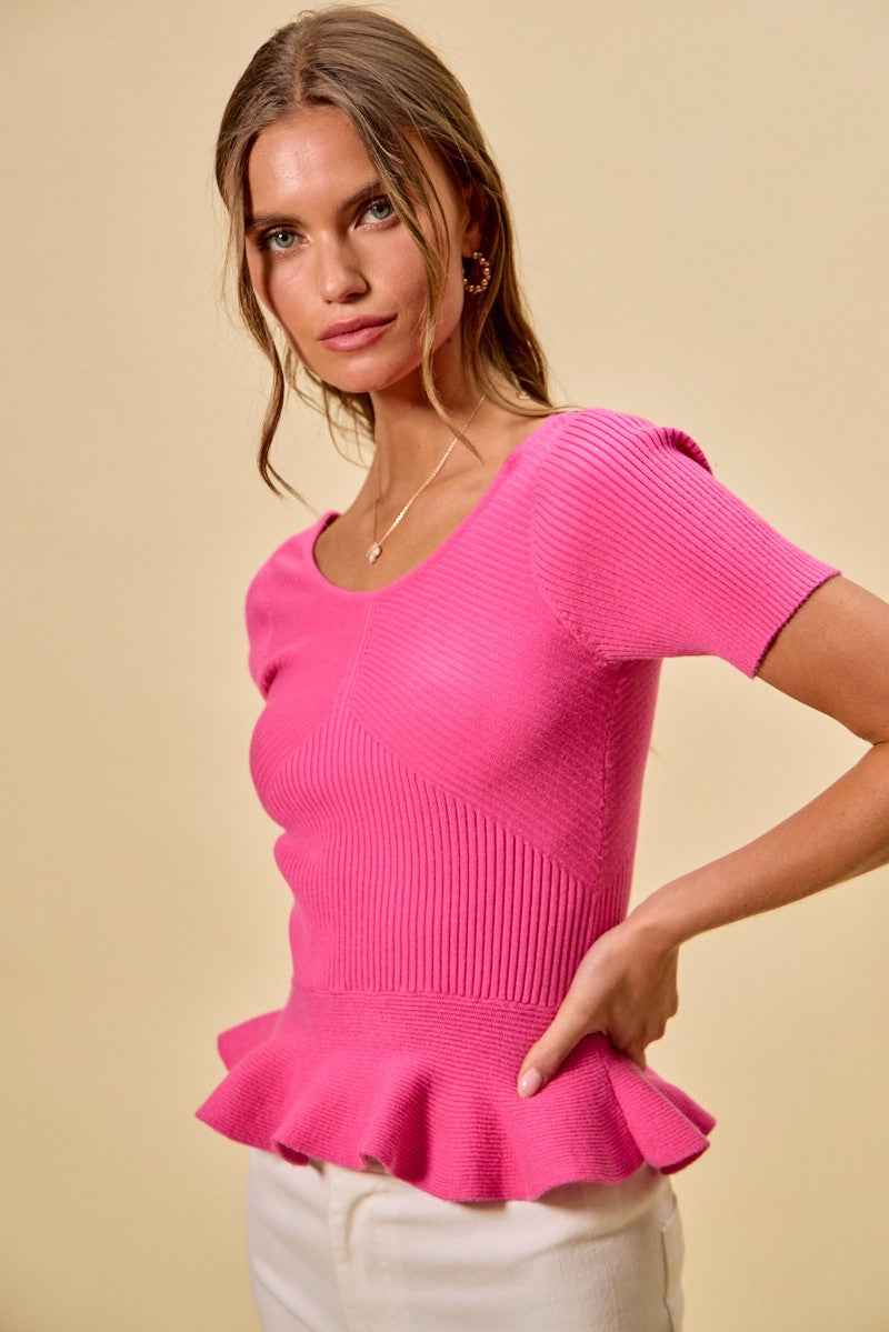 SO ME Ribbed Knit Short Sleeves Peplum Sweater Top ed9abede8e2149ac9cd33c55a0278f7a-Max