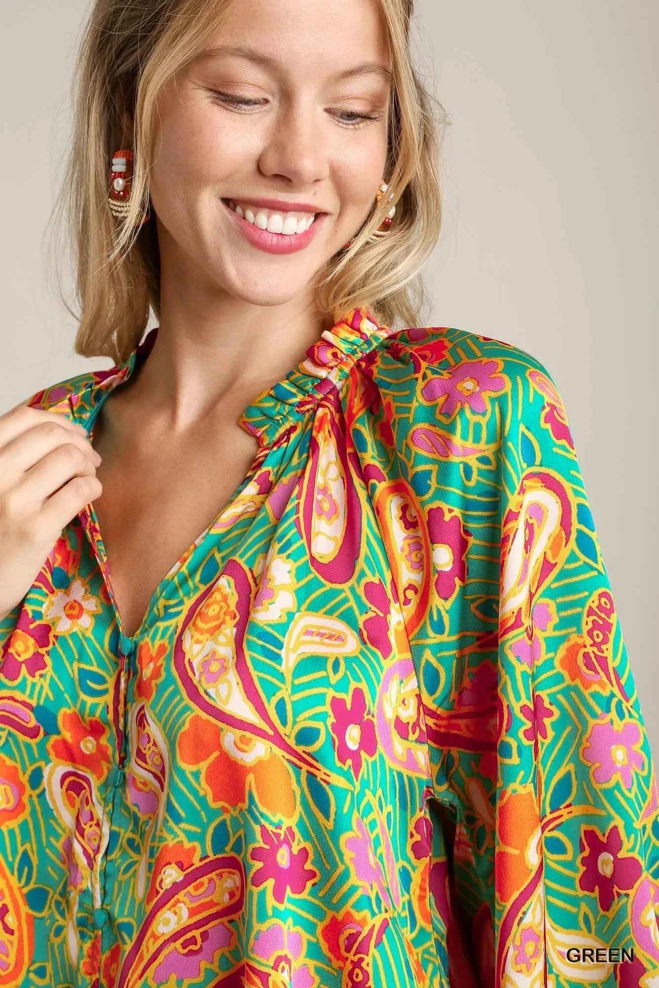 Umgee Satin Paisley Ruffle Neck Button-Up Shirt ed9d4647-5e86-438f-8d3f-0015d4248fcd-Max-Origin