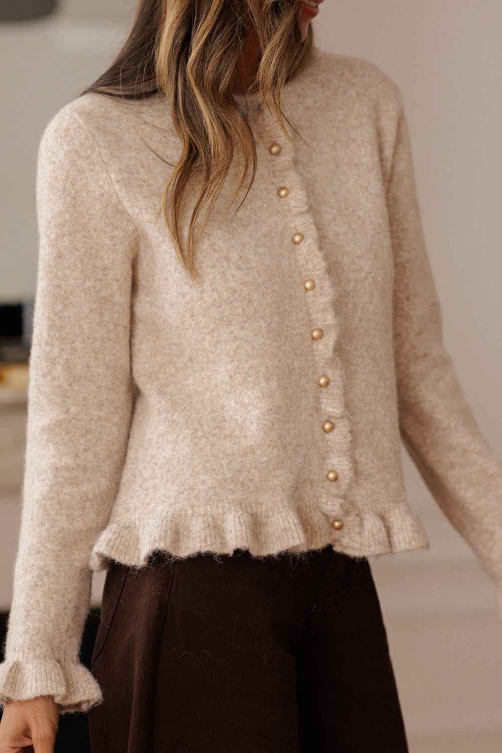 Oatmeal Ruffle Trim Gold Button Sweater Cardigan Oatmeal 30%Polyester+25%Viscose+25%Acrylic+20%Polyamide ed9ffcdd2cf6fb0c