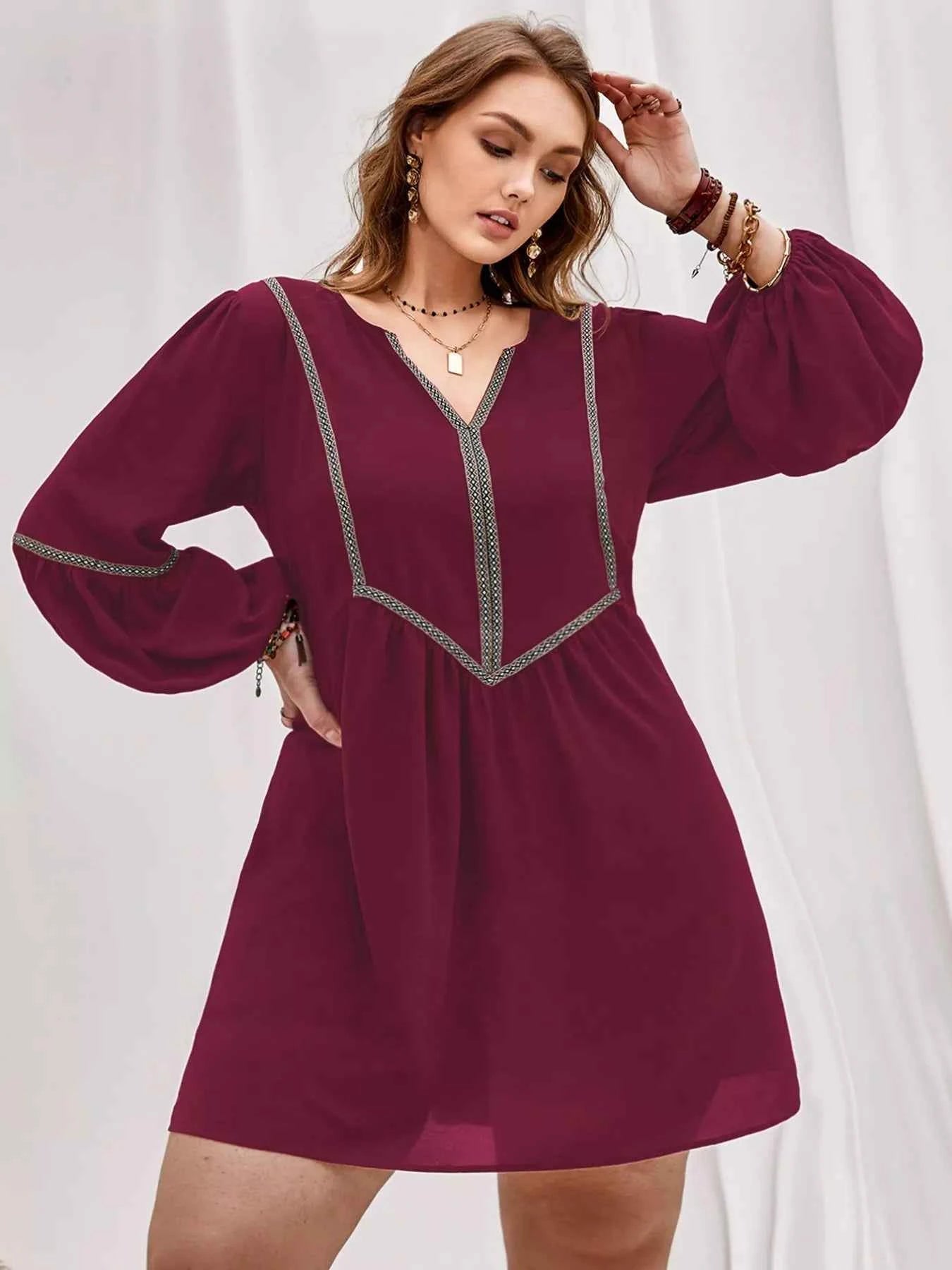 Plus Size Notched Balloon Sleeve Mini Dress Burgundy eda56c25-6ef6-4aed-835e-fcaed11fb7b9-Max-Origin
