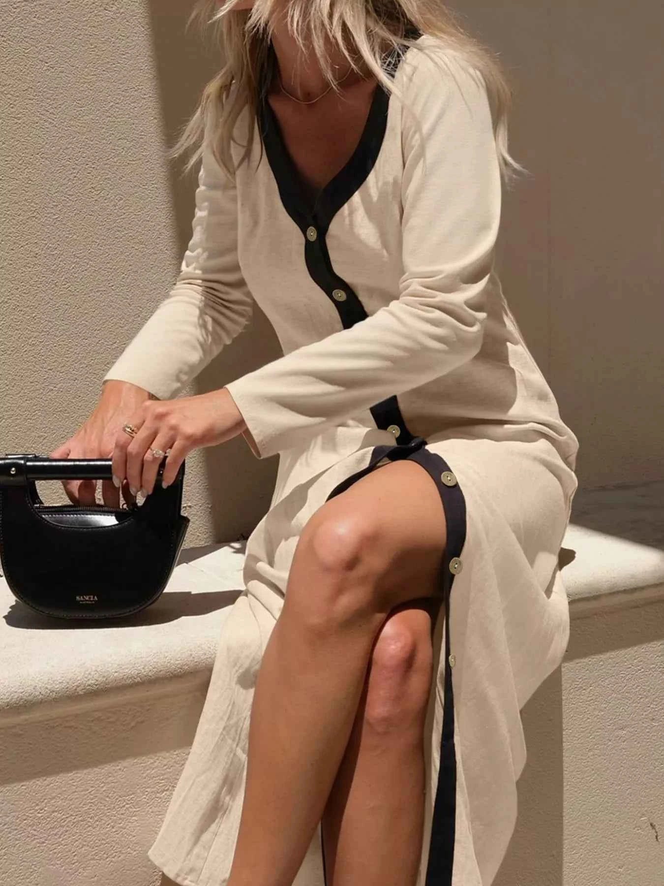 Contrast Trim Button-Down Midi Dress Cream eda6c6e6-f395-4213-b6e7-79784b34f5a7-Max-Origin