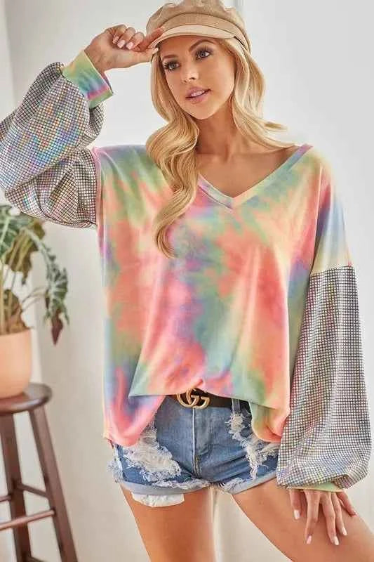 V Neck Tie Dye French Terry Top with Shiny PASTEL TIEDYE edb02412b971453b8911b0ef0ecaf198-Max-Origin