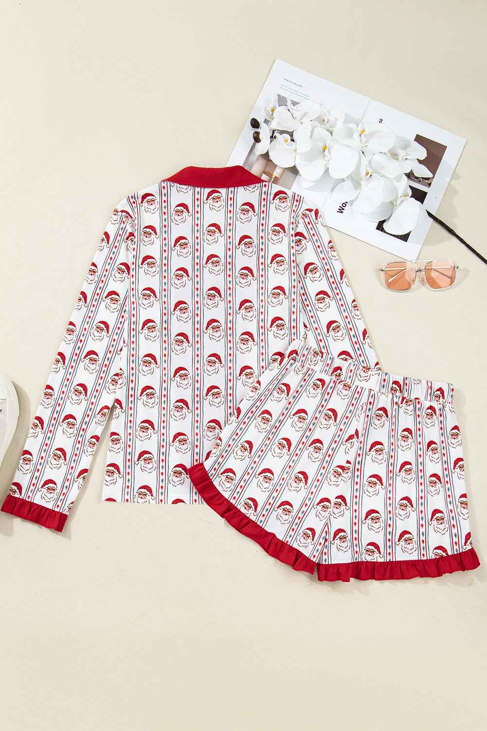 White Christmas Santa Claus Contrast Ruffle Trim Pajama Set edb65e5089d0fb86