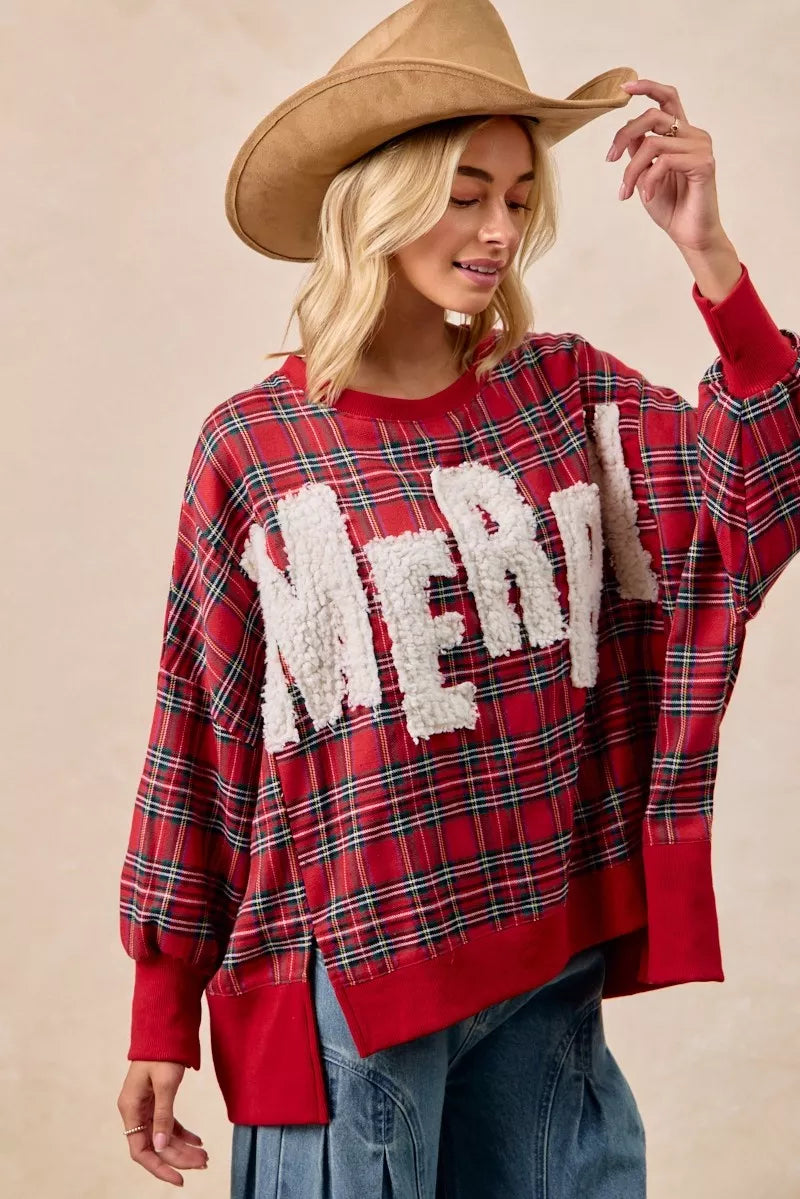 BiBi Merry Letter Patches Christmas Plaid Sweatshirt edba8f2e492843d6870b3ae3c15e694e-Max-Origin