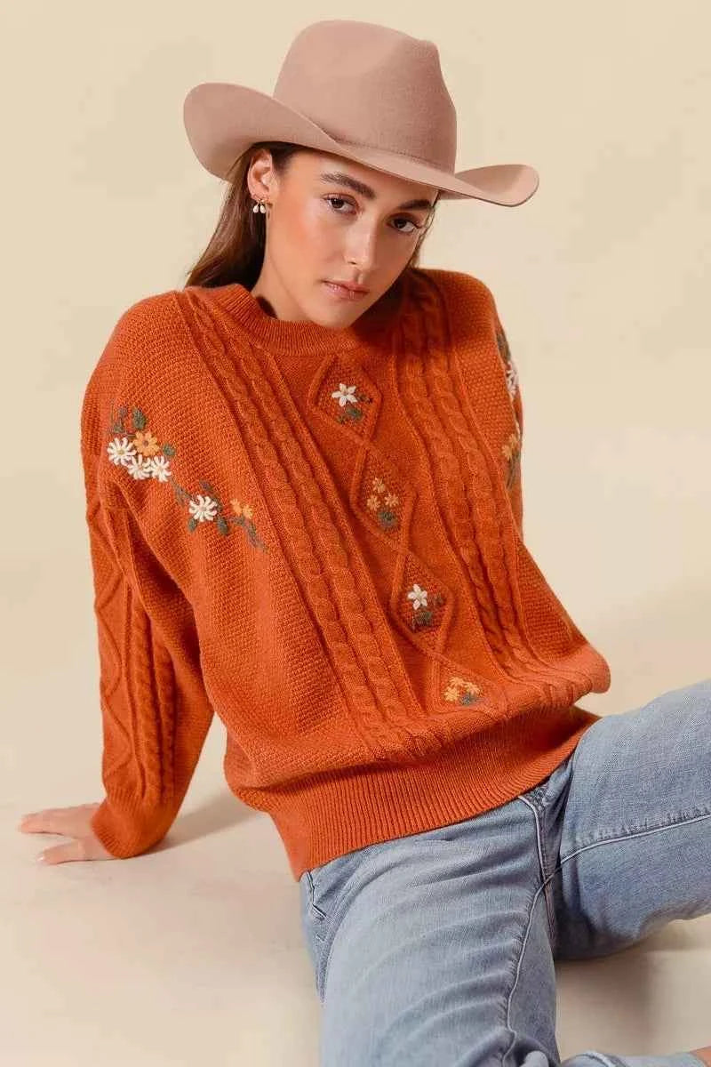SO ME Embroidered Flower Cable Knitted Sweater edbaee4ffc954f1da36ada9ee84a2bc1-Max-Origin