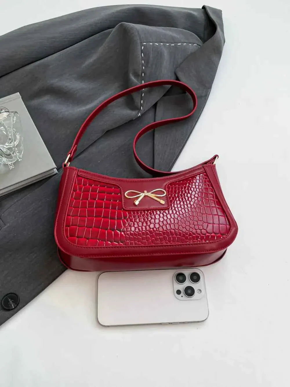 Crocodile Pattern Shoulder Bag with Bow Detail edc41dda-ecca-4fdd-99d8-df42e2c6610e-Max